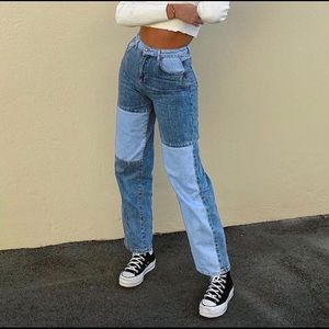 Paneled straight leg blue jeans